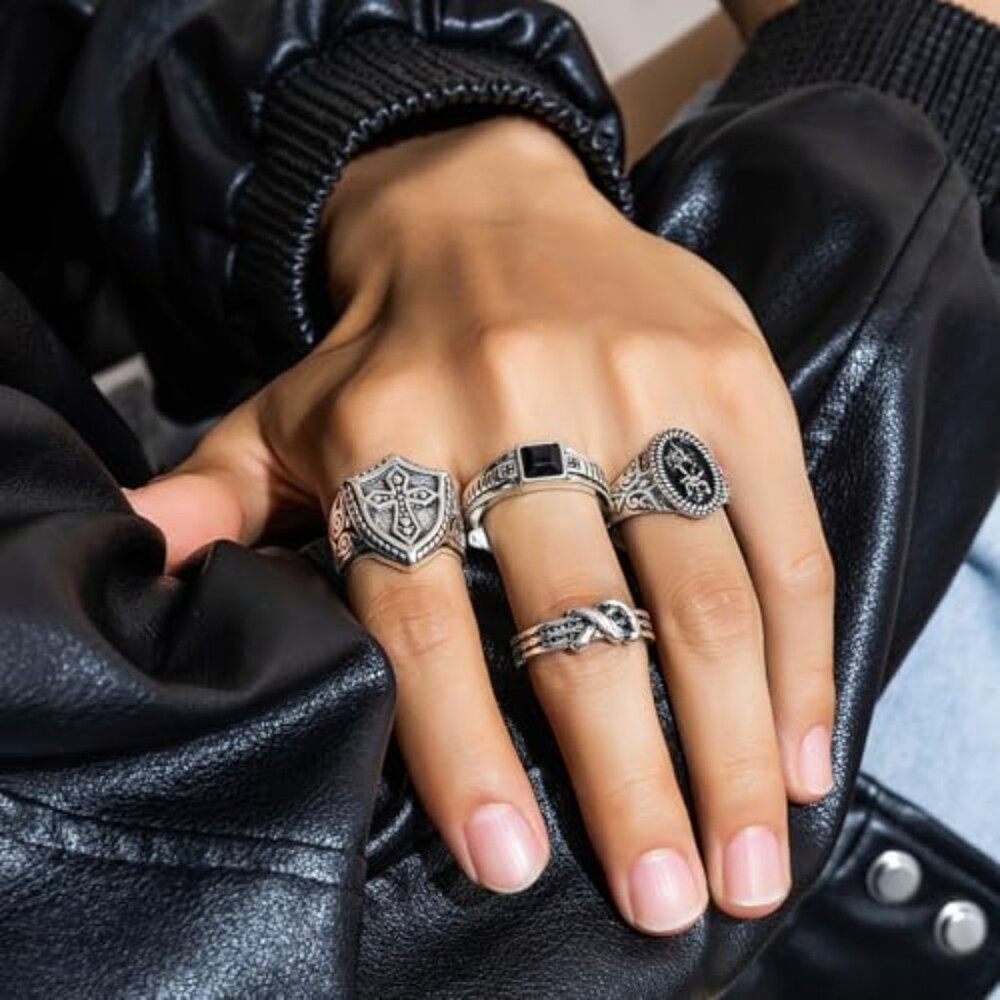 Gothic Silver Chunky Skull Cross Stackable Statem… - image 4